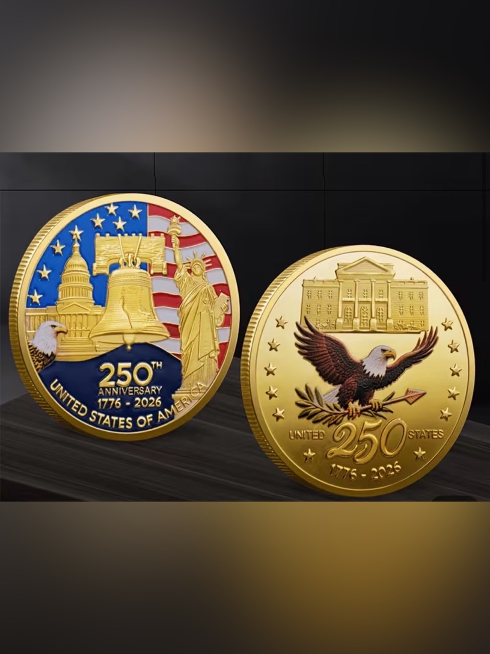 Commemorative U.S. 250th Anniversary Coin - Red, Blue, Gold   New